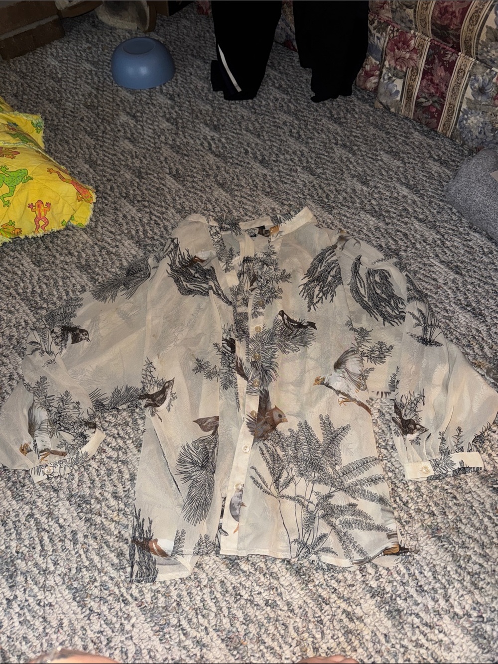 XOXO Sheer Cream Blouse with Bird & Fern Print